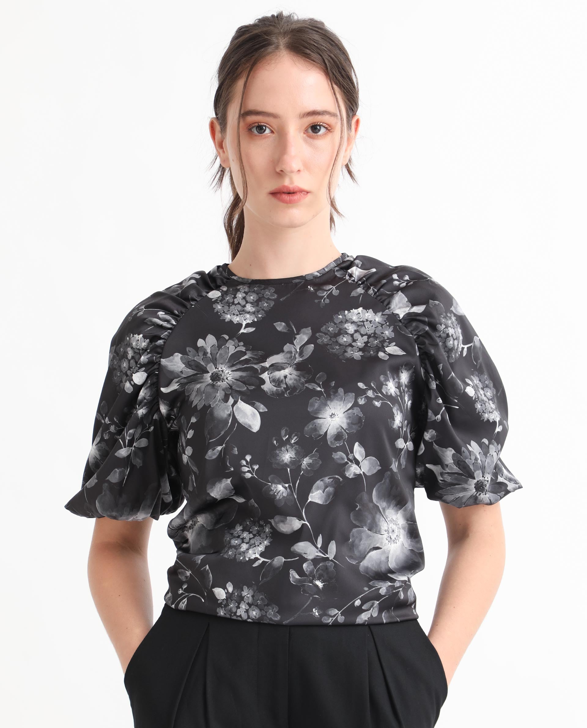 Rareism Women Esme Black Viscose Fabric Short Sleeves Button Closure Round Neck Puff Sleeve Regular Fit Floral Print Cropped Blouse Top