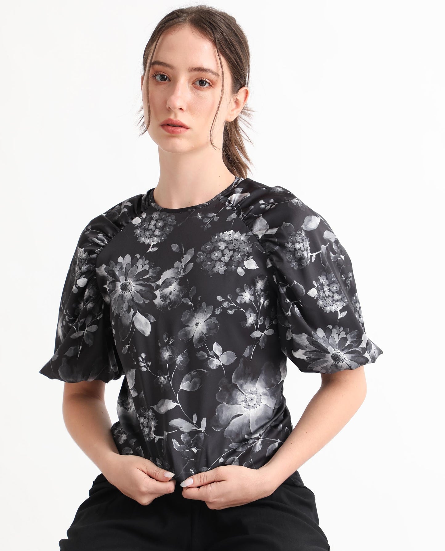 Rareism Women Esme Black Viscose Fabric Short Sleeves Button Closure Round Neck Puff Sleeve Regular Fit Floral Print Cropped Blouse Top