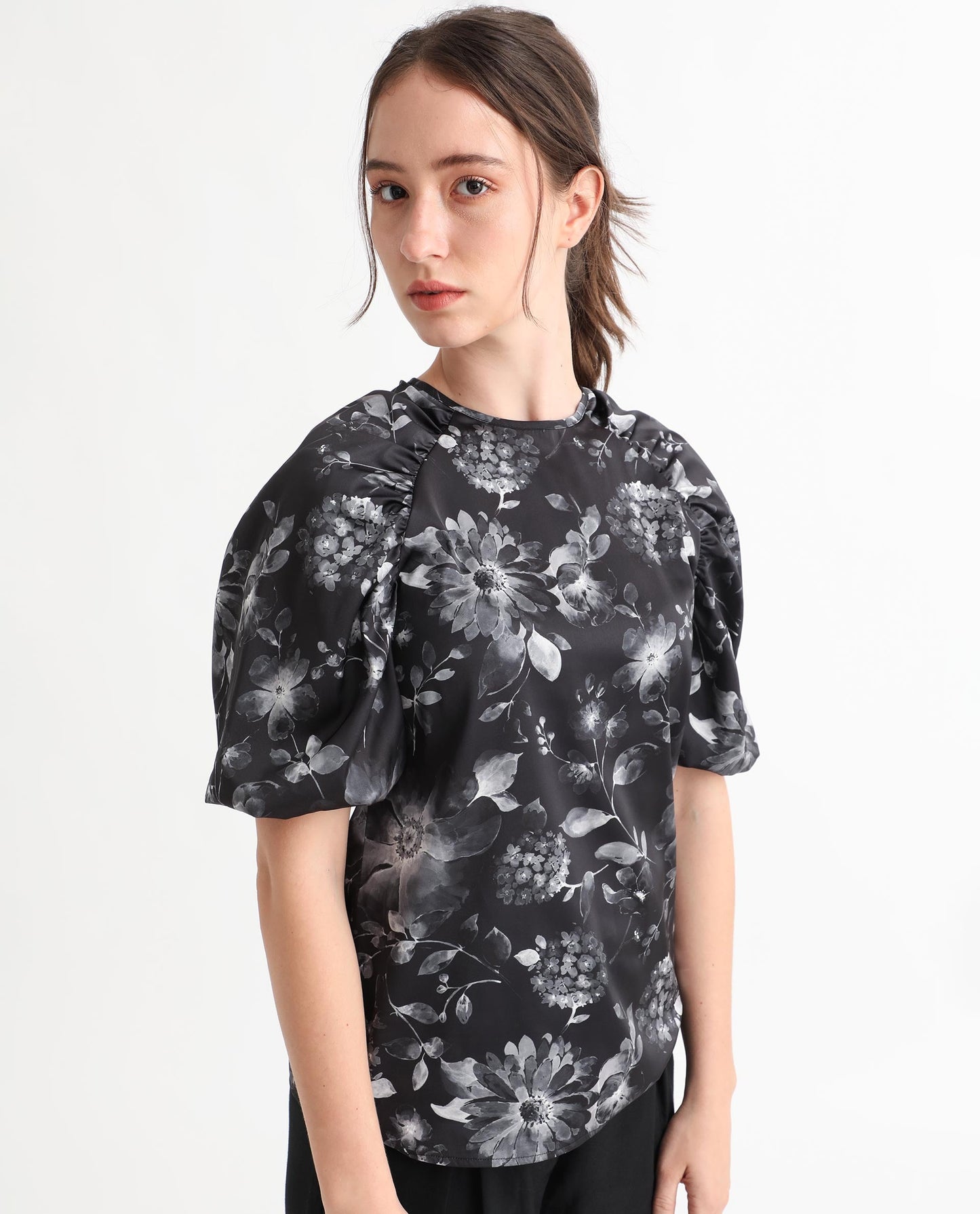 Rareism Women Esme Black Viscose Fabric Short Sleeves Button Closure Round Neck Puff Sleeve Regular Fit Floral Print Cropped Blouse Top