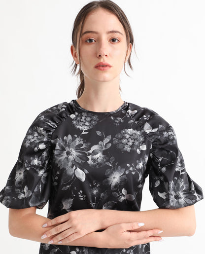 Rareism Women Esme Black Viscose Fabric Short Sleeves Button Closure Round Neck Puff Sleeve Regular Fit Floral Print Cropped Blouse Top