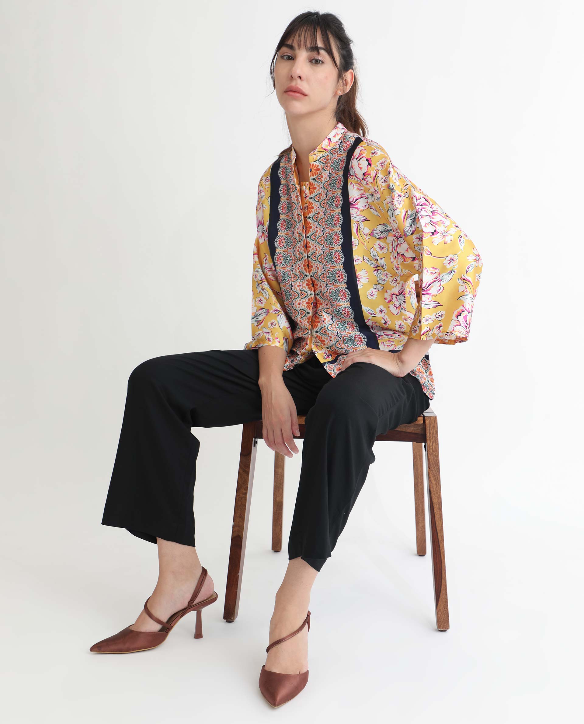 Rareism Women Falke Yellow Polyester Fabric 3/4Th Sleeves Button Closure Mandarin Collar Kimono Sleeve Regular Fit Floral Print Top