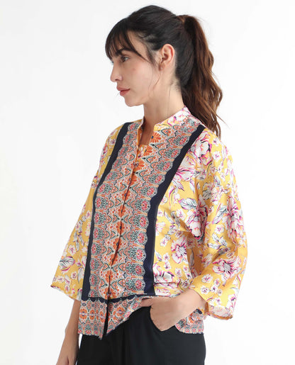 Rareism Women Falke Yellow Polyester Fabric 3/4Th Sleeves Button Closure Mandarin Collar Kimono Sleeve Regular Fit Floral Print Top