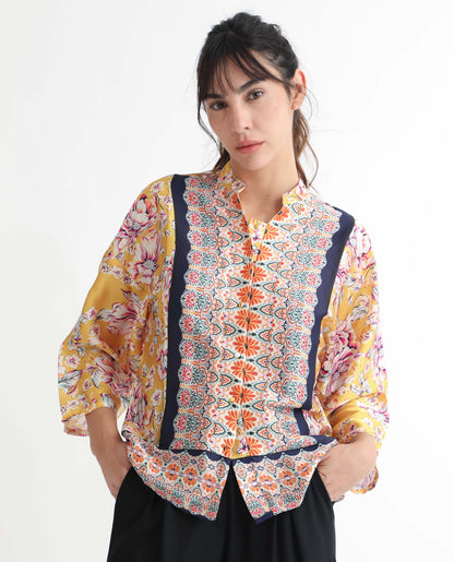 Rareism Women Falke Yellow Polyester Fabric 3/4Th Sleeves Button Closure Mandarin Collar Kimono Sleeve Regular Fit Floral Print Top