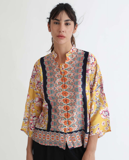 Rareism Women Falke Yellow Polyester Fabric 3/4Th Sleeves Button Closure Mandarin Collar Kimono Sleeve Regular Fit Floral Print Top