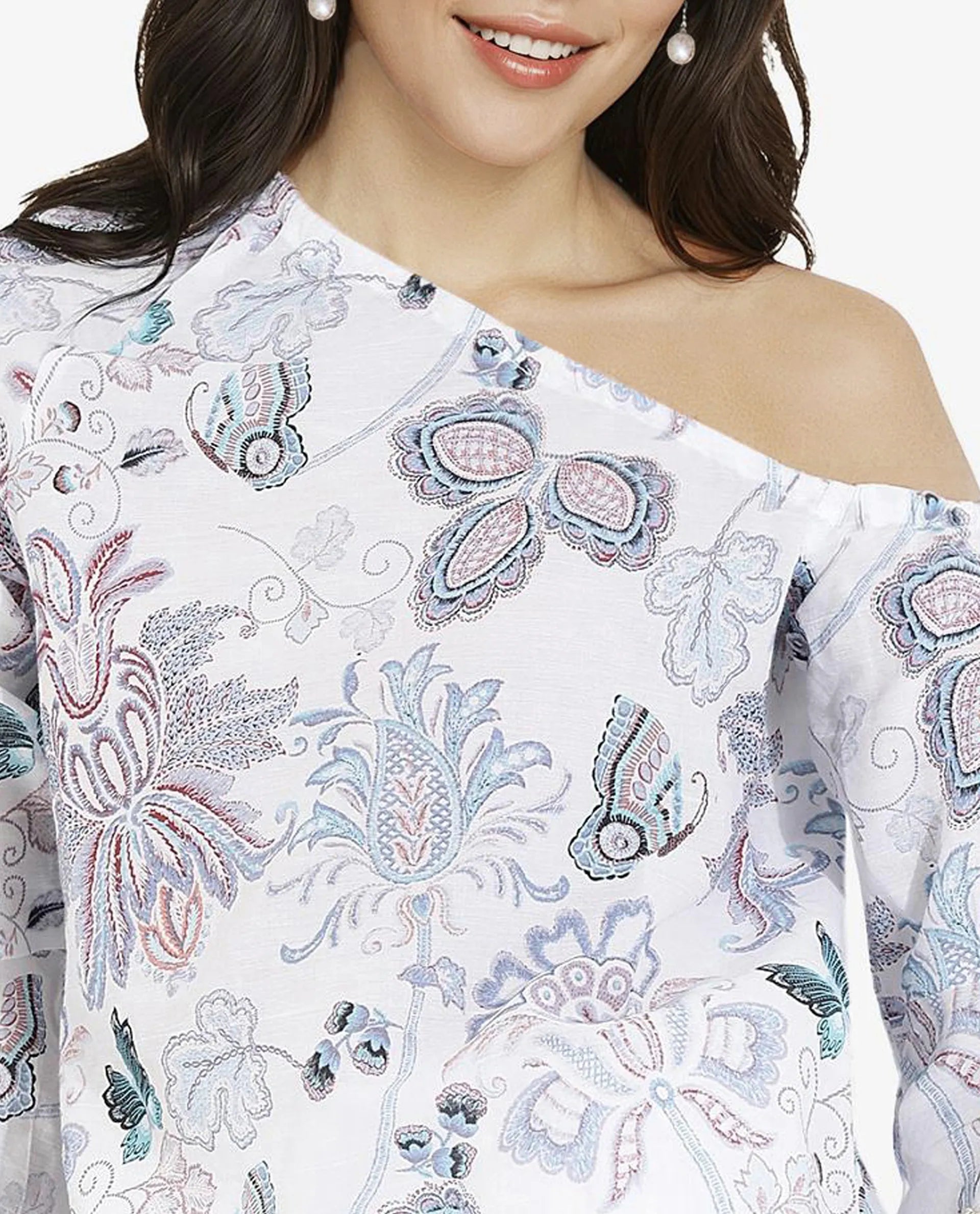 Rareism Women Feightono Light Multi Full Sleeve One Shoulder Paisley Print Top