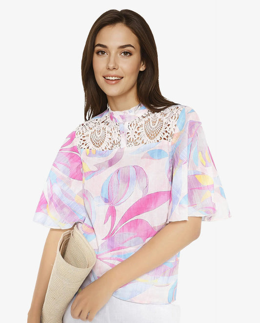 Rareism Women Feli Pink Ruffled Sleeves Ruffled Neck Button Abstract Print Top