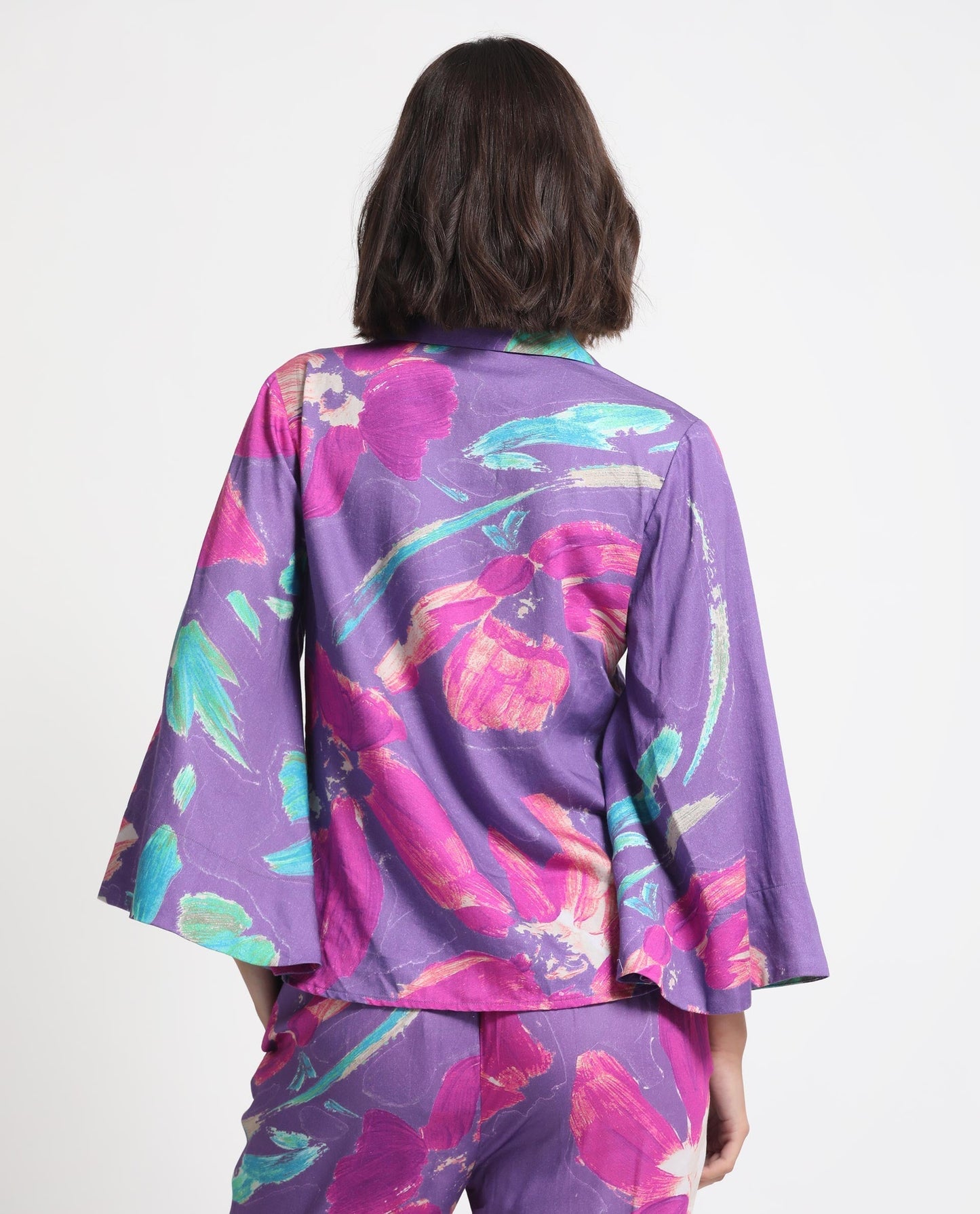 Rareism Women Ferguson Light Purple Cotton Fabric Full Sleeves Shirt Collar Flared Sleeve Tailored Fit Abstract Print Top