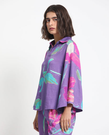 Rareism Women Ferguson Light Purple Cotton Fabric Full Sleeves Shirt Collar Flared Sleeve Tailored Fit Abstract Print Top