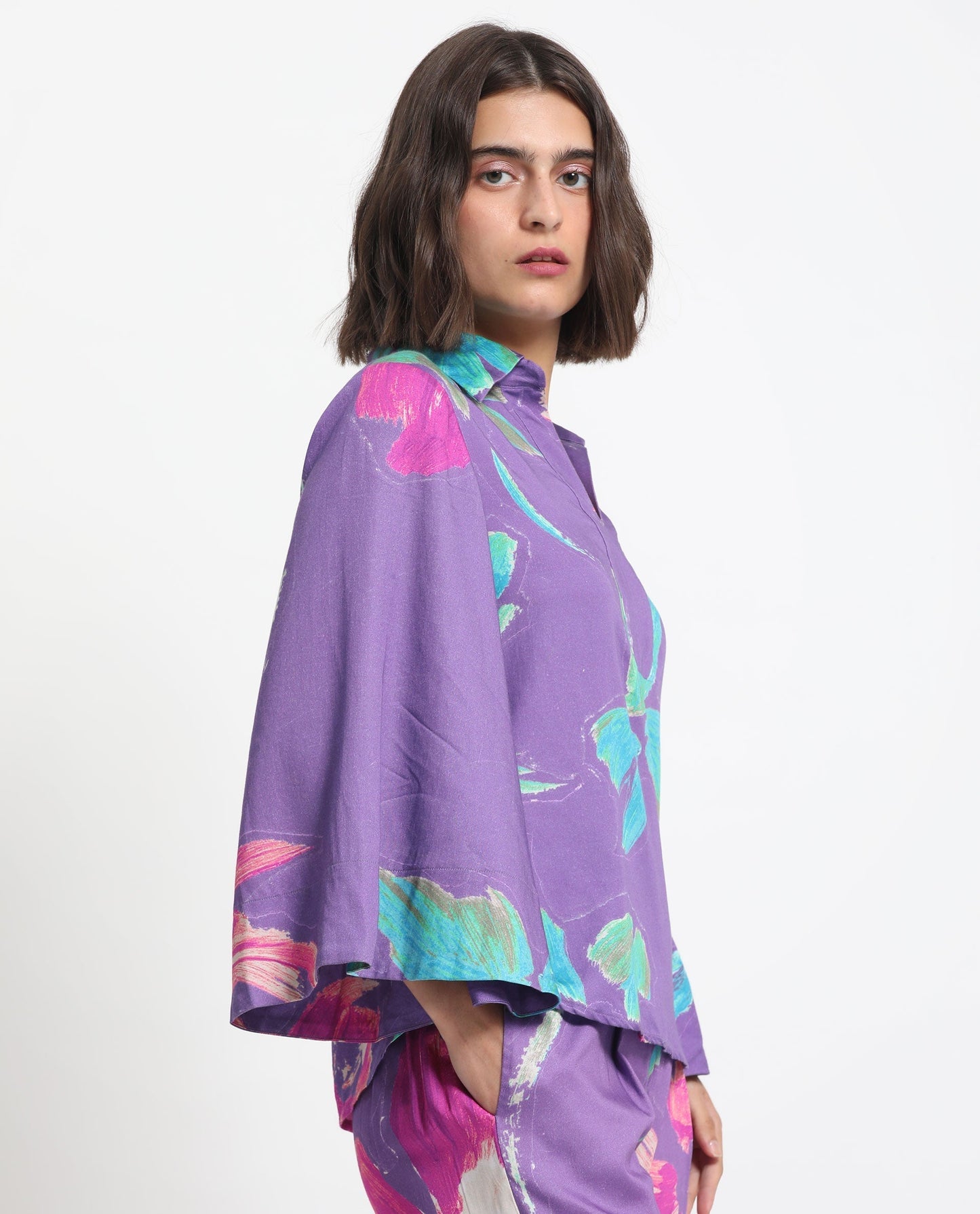 Rareism Women Ferguson Light Purple Cotton Fabric Full Sleeves Shirt Collar Flared Sleeve Tailored Fit Abstract Print Top