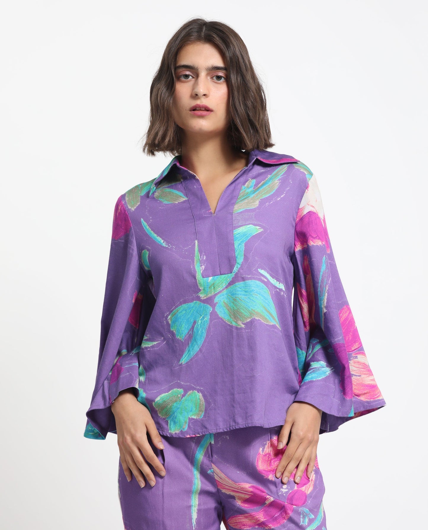 Rareism Women Ferguson Light Purple Cotton Fabric Full Sleeves Shirt Collar Flared Sleeve Tailored Fit Abstract Print Top