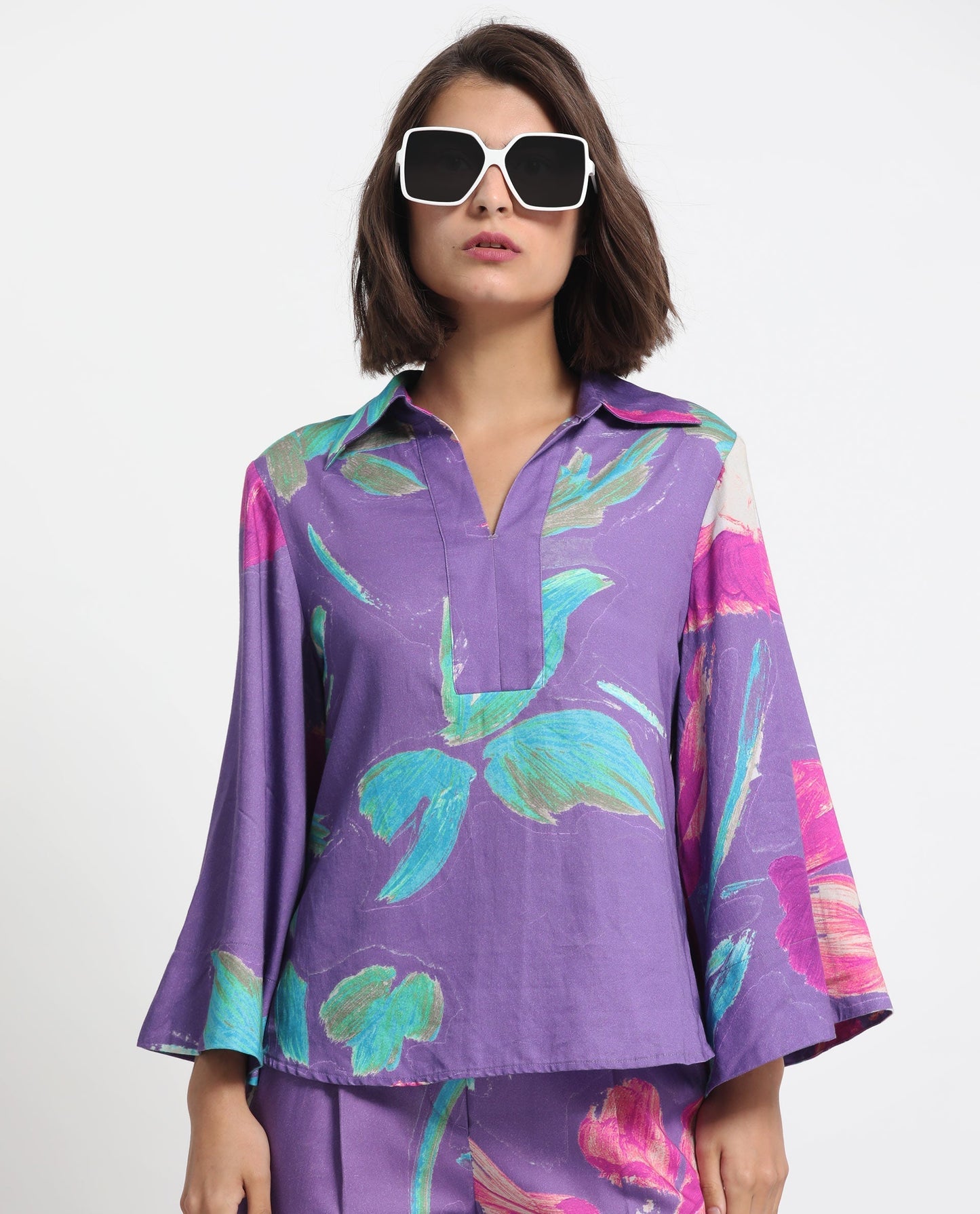 Rareism Women Ferguson Light Purple Cotton Fabric Full Sleeves Shirt Collar Flared Sleeve Tailored Fit Abstract Print Top