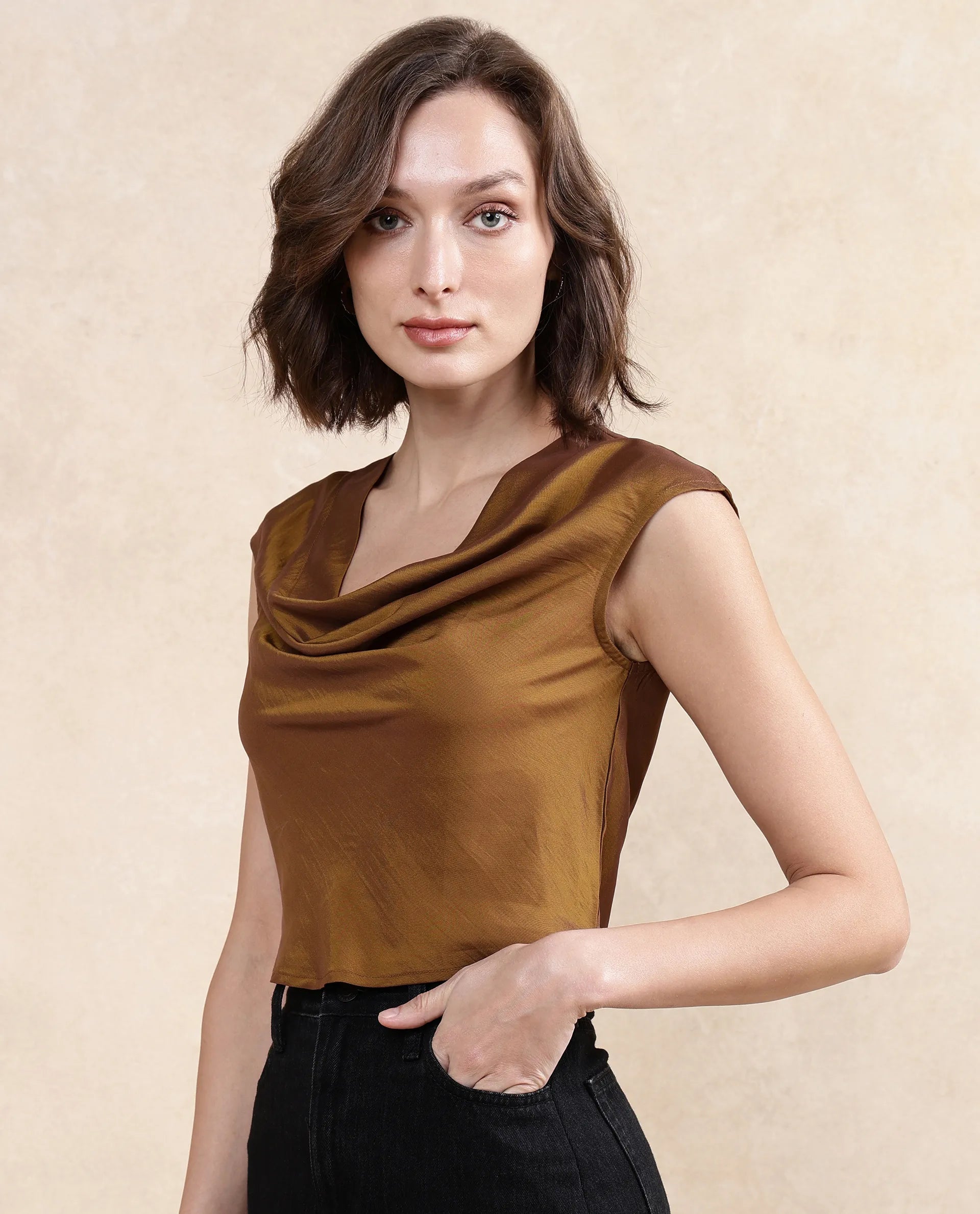 Rareism Women Foose Metallic Gold Sleeveless Cowl Neck Plain Top