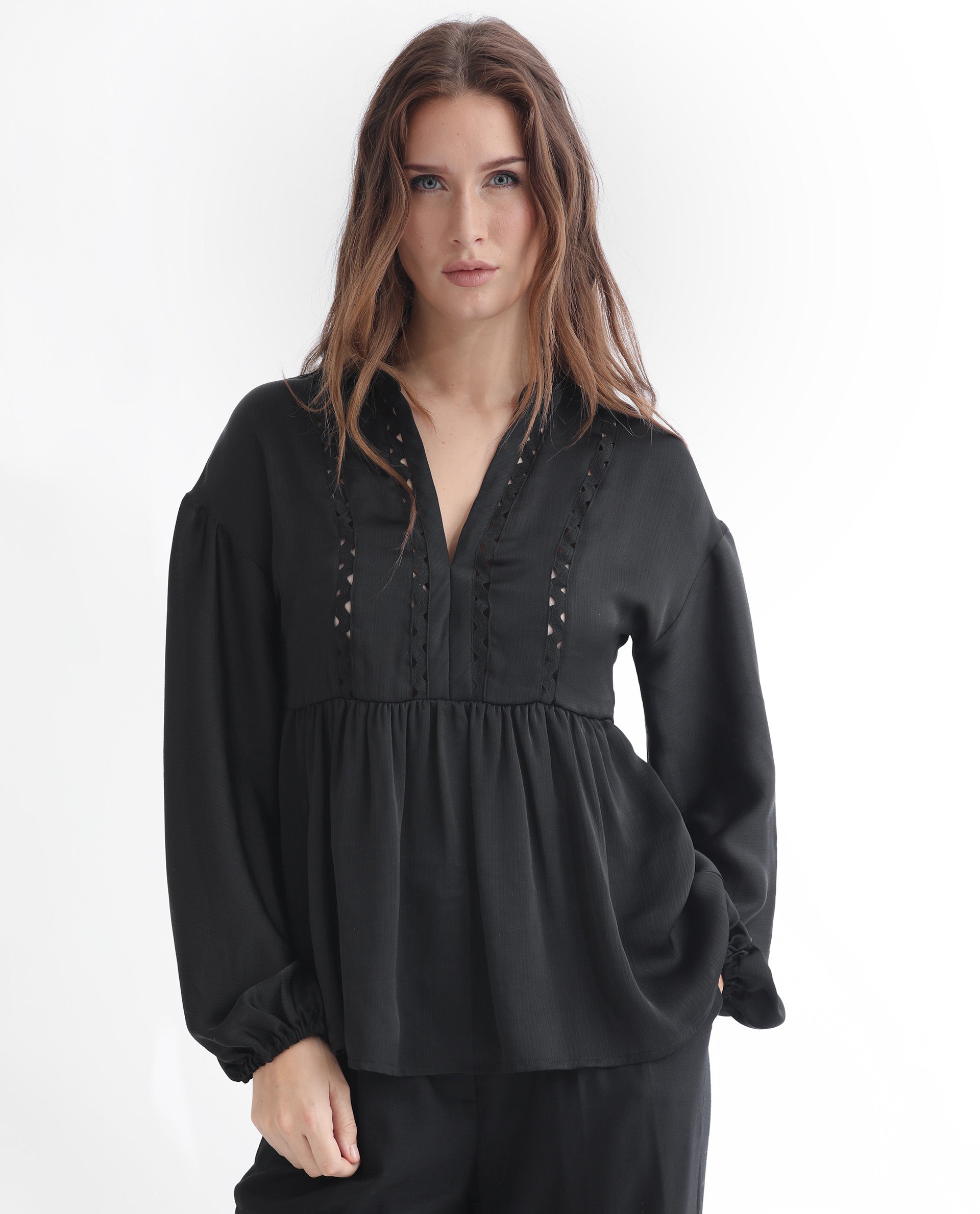 Rareism Women Gail Black Polyester Fabric Relaxed Fit V-Neck Full Sleeves Solid Top