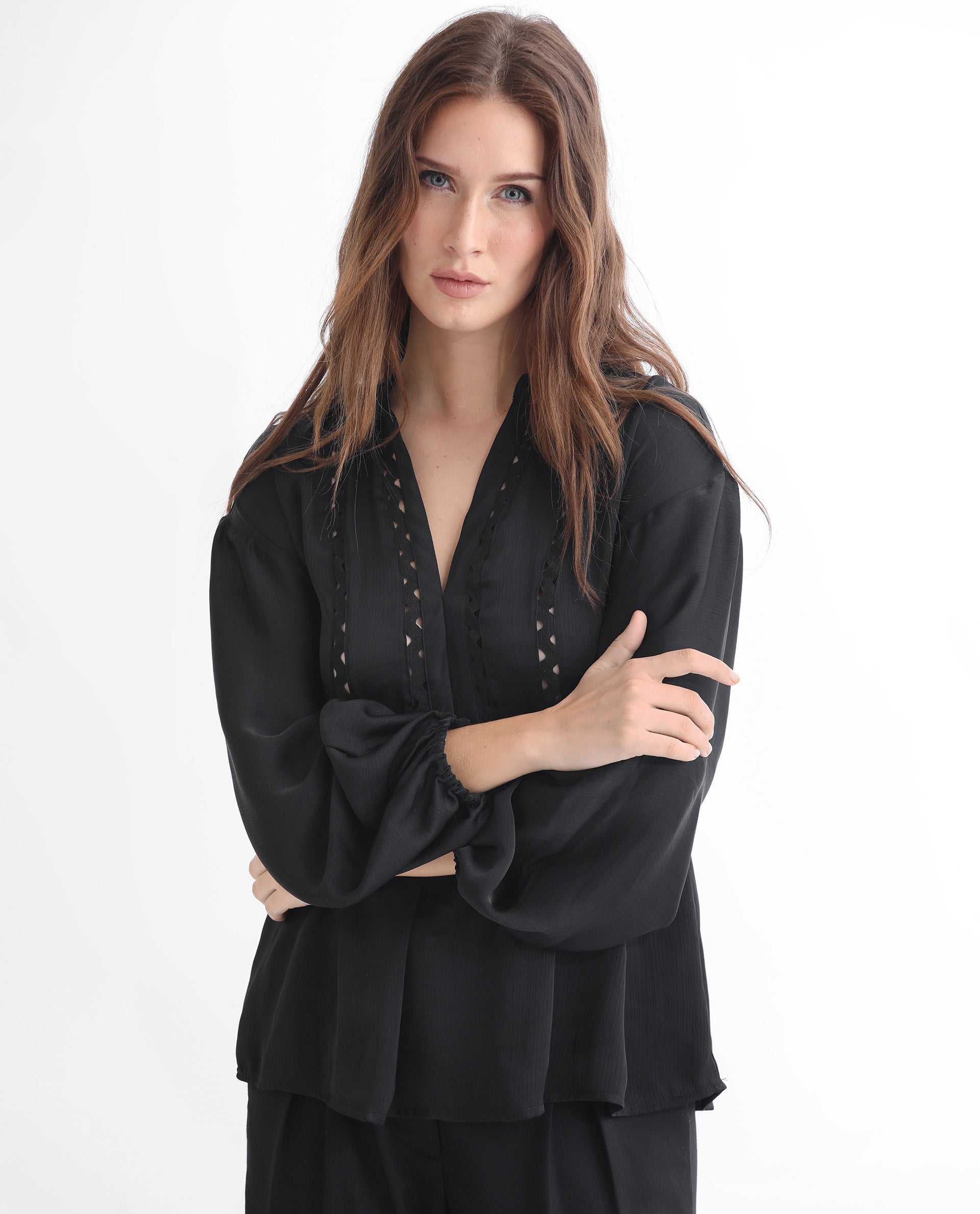 Rareism Women Gail Black Polyester Fabric Relaxed Fit V-Neck Full Sleeves Solid Top