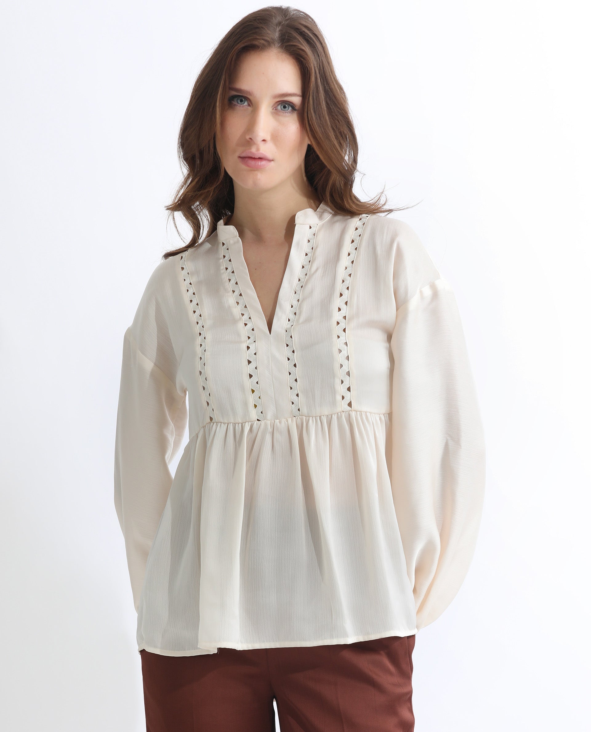 Rareism Women Gail Off White Polyester Fabric Full Sleeves V-Neck Cuffed Sleeve Relaxed Fit Plain Blouse Top