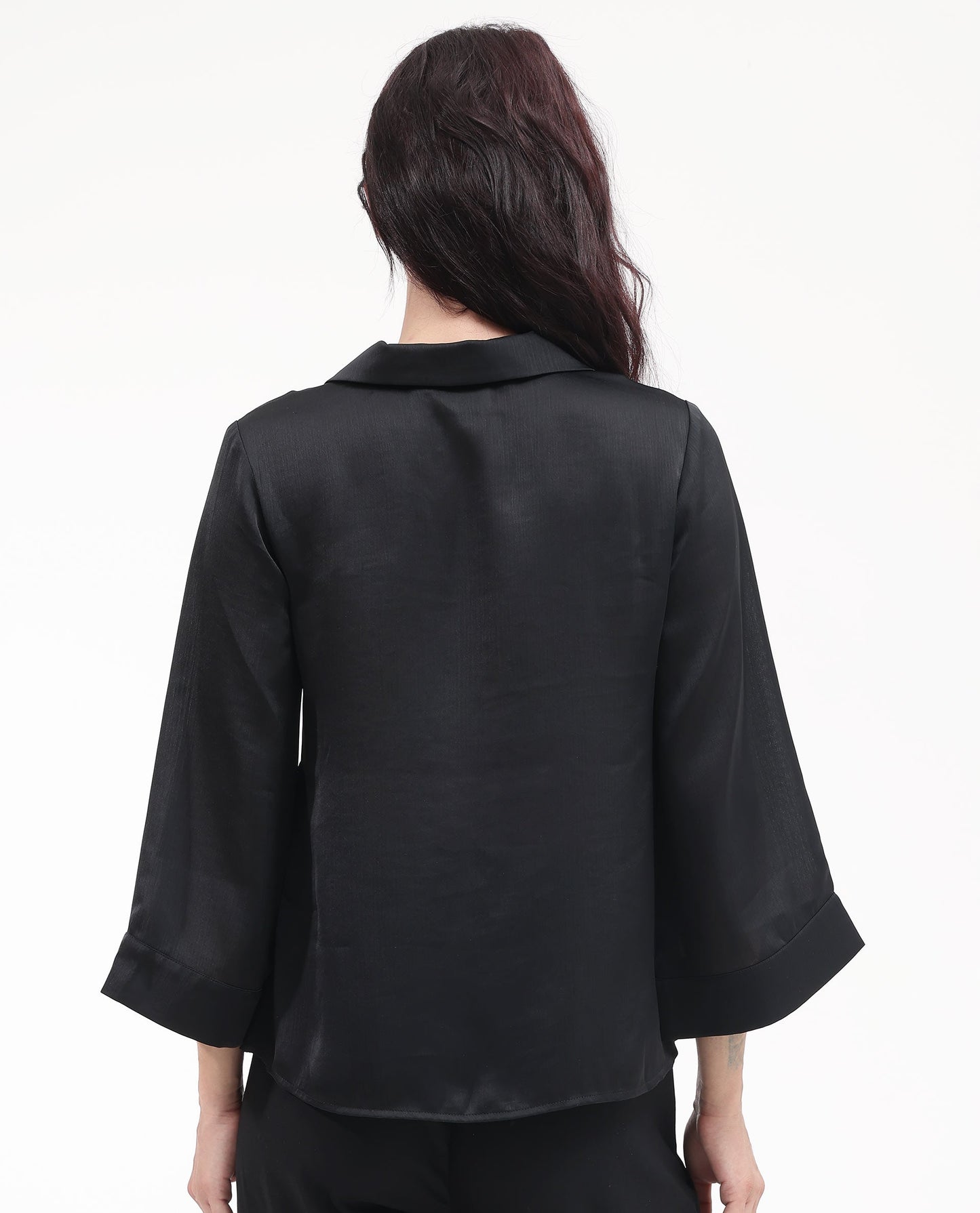 Rareism Women Gaurerro Black Polyester Button Closure 3/4Th Sleeve Mandarin Collar Plain Top