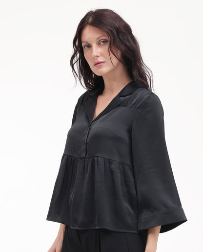 Rareism Women Gaurerro Black Polyester Button Closure 3/4Th Sleeve Mandarin Collar Plain Top