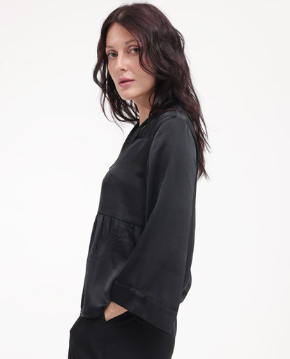 Rareism Women Gaurerro Black Polyester Button Closure 3/4Th Sleeve Mandarin Collar Plain Top