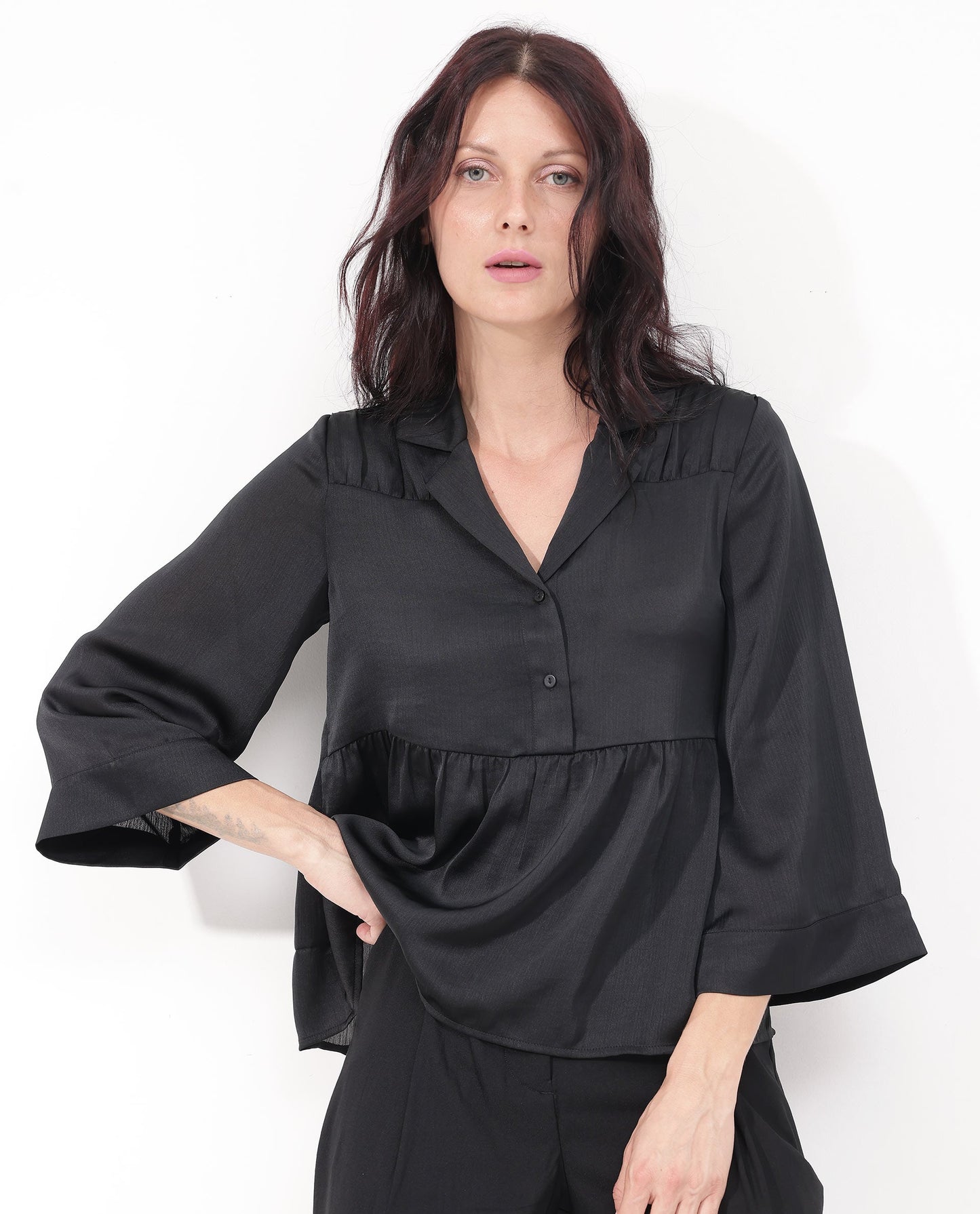 Rareism Women Gaurerro Black Polyester Button Closure 3/4Th Sleeve Mandarin Collar Plain Top