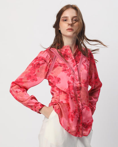 Rareism Women Gelbs Pink Polyester Fabric Full Sleeves Button Closure Mandarin Collar Regular Fit Floral Print Knee Length Top