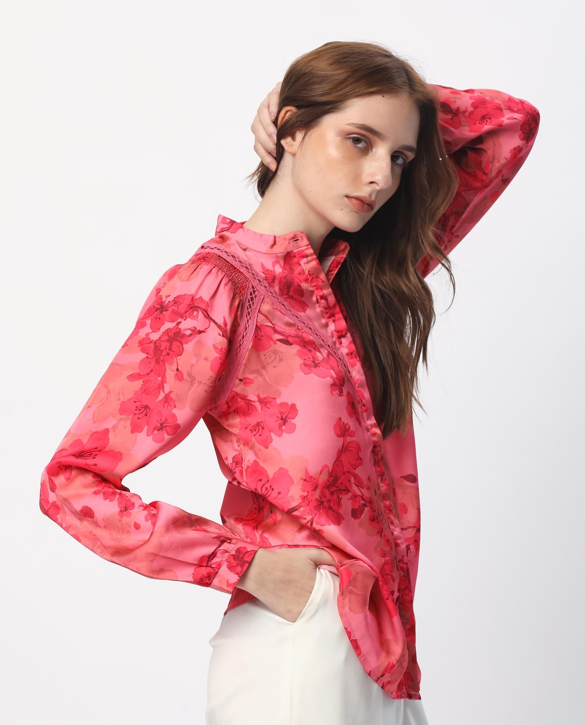 Rareism Women Gelbs Pink Polyester Fabric Full Sleeves Button Closure Mandarin Collar Regular Fit Floral Print Knee Length Top