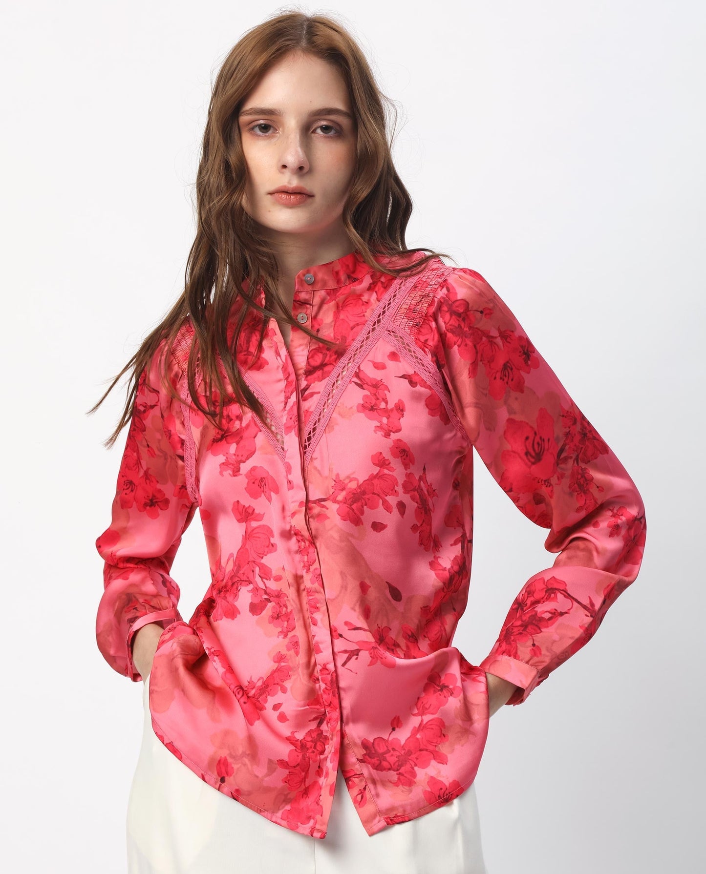 Rareism Women Gelbs Pink Polyester Fabric Full Sleeves Button Closure Mandarin Collar Regular Fit Floral Print Knee Length Top