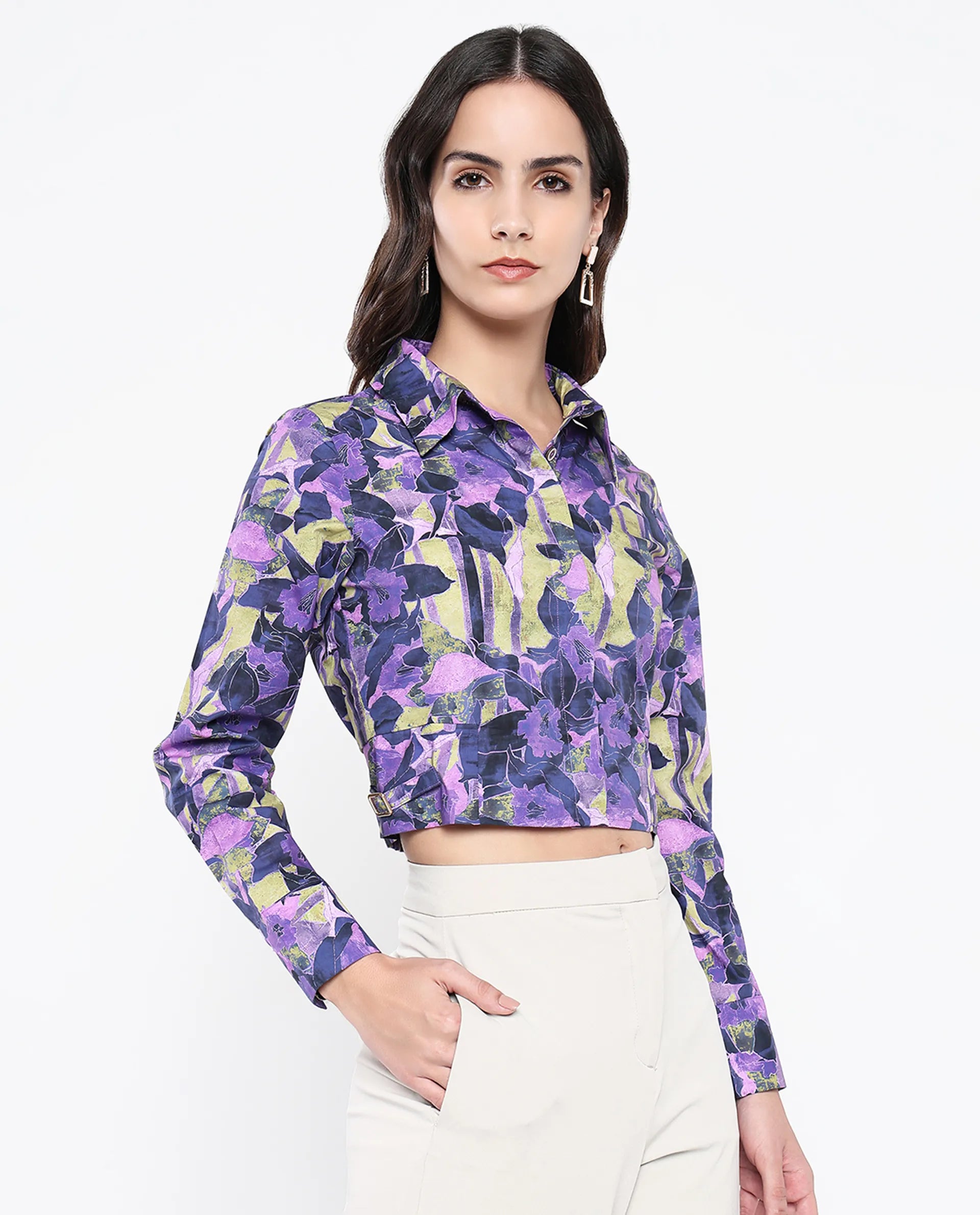 Rareism Women Gistero Multi Cuffed Sleeve Collared Neck Button Closure Cropped Printed Top