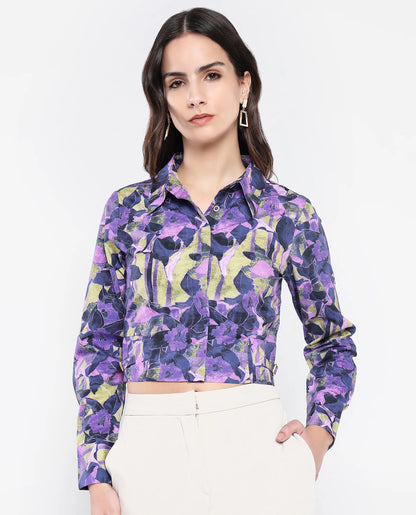 Rareism Women Gistero Multi Cuffed Sleeve Collared Neck Button Closure Cropped Printed Top