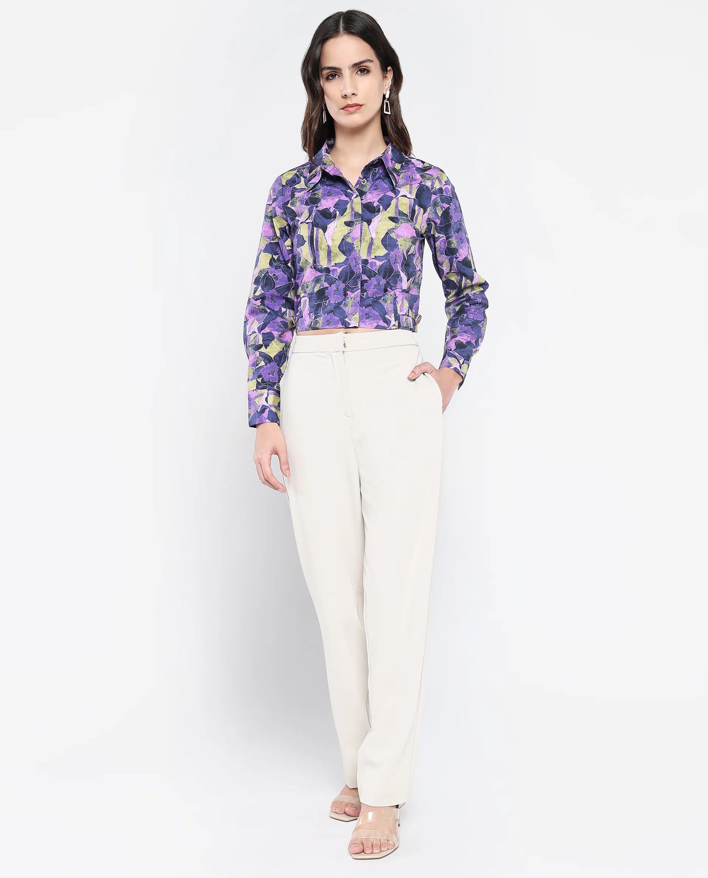 Rareism Women Gistero Multi Cuffed Sleeve Collared Neck Button Closure Cropped Printed Top