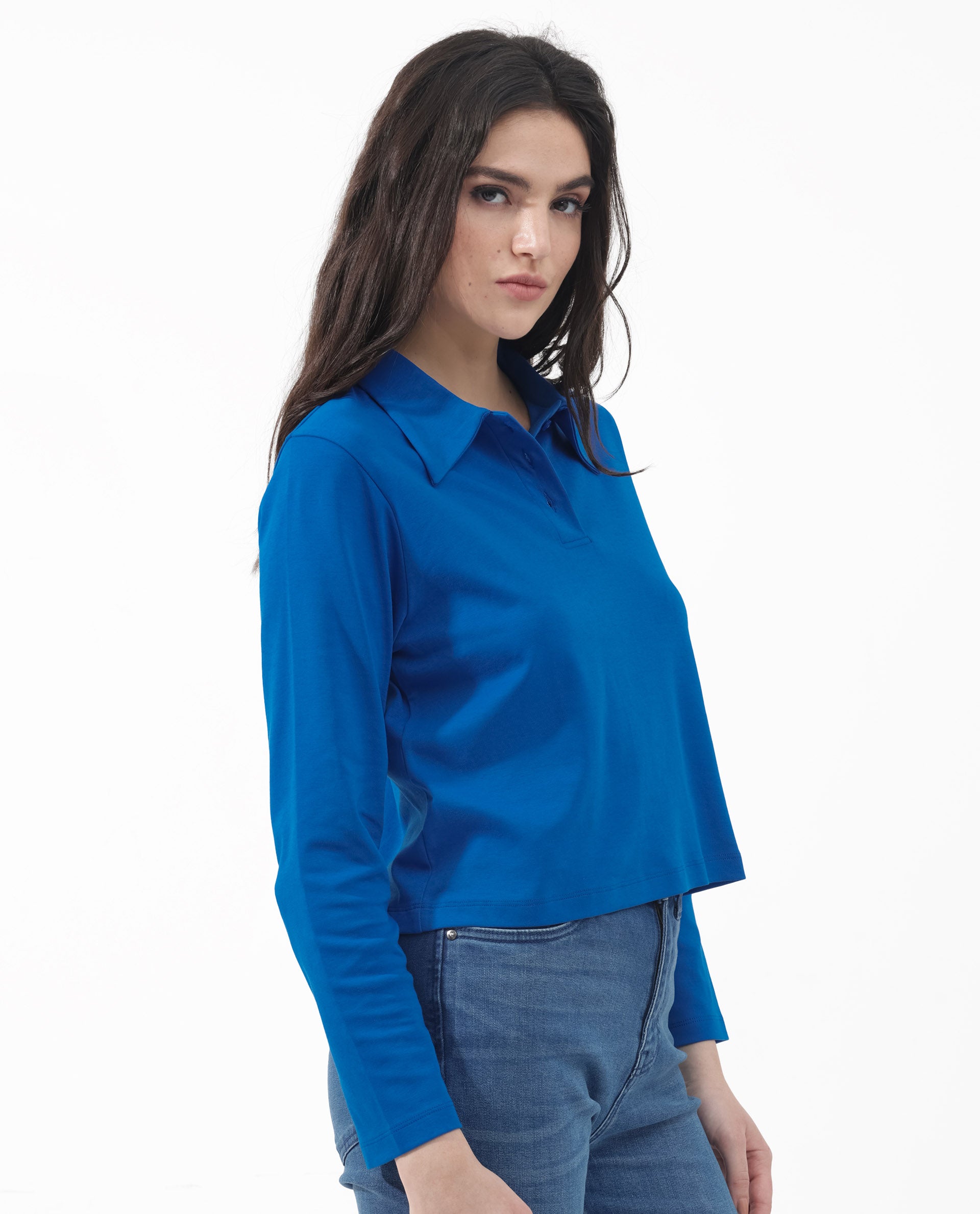 Rareism Women Gojo Blue Cotton Fabric Full Sleeve Collared Neck Button Closure Solid Regular Fit Top