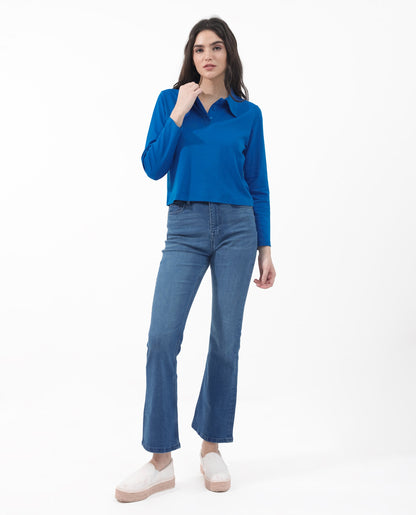 Rareism Women Gojo Blue Cotton Fabric Full Sleeve Collared Neck Button Closure Solid Regular Fit Top