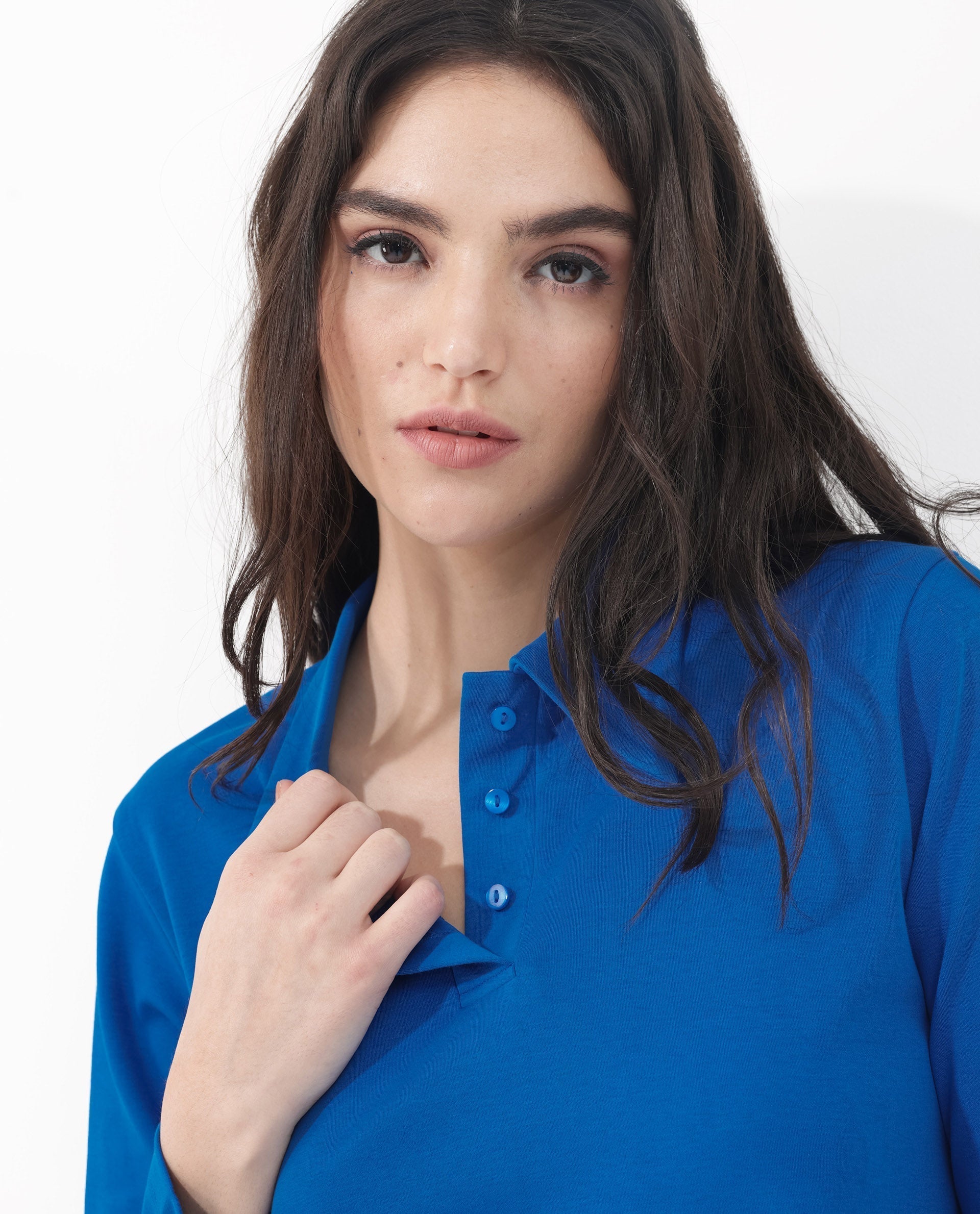 Rareism Women Gojo Blue Cotton Fabric Full Sleeve Collared Neck Button Closure Solid Regular Fit Top