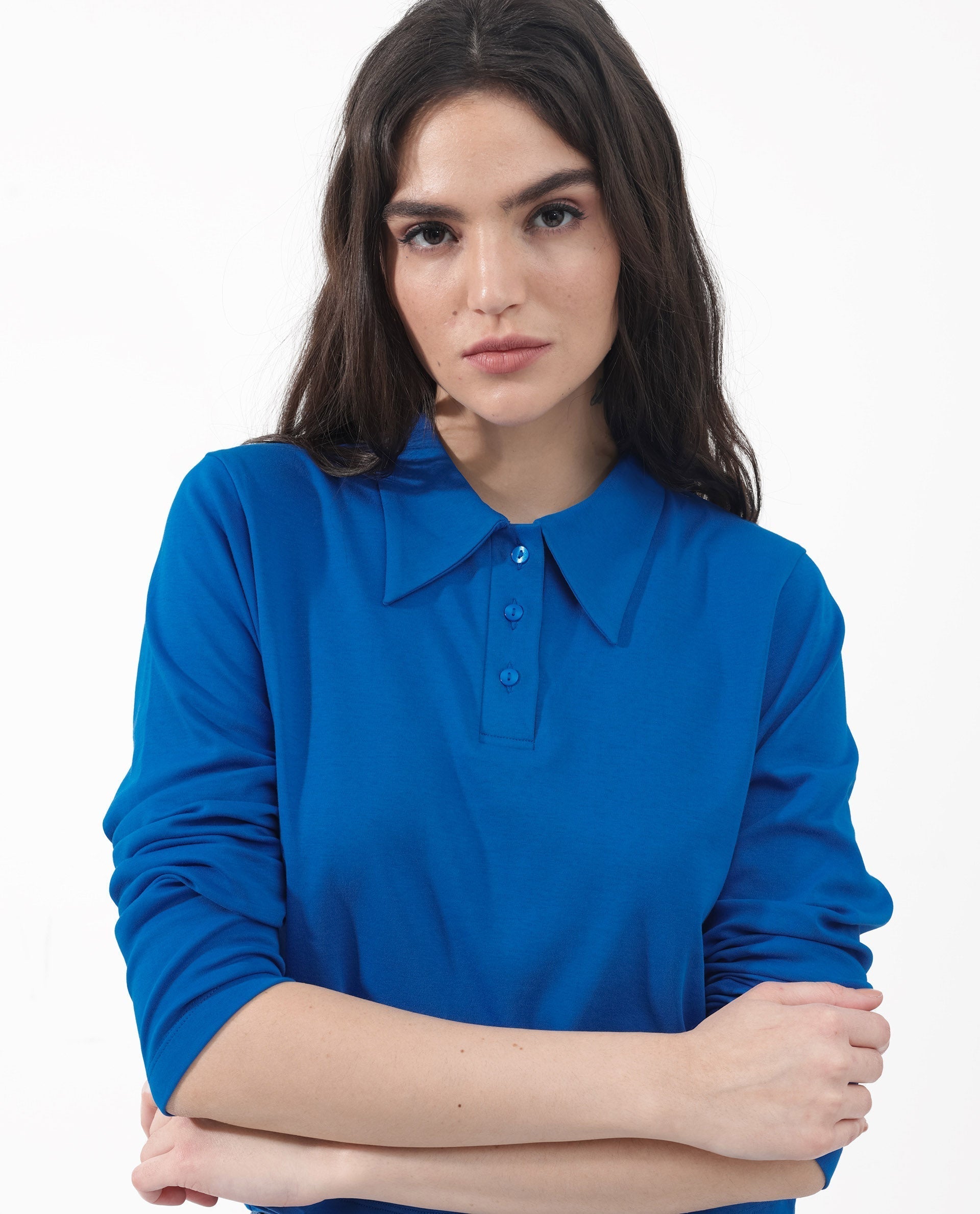 Rareism Women Gojo Blue Cotton Fabric Full Sleeve Collared Neck Button Closure Solid Regular Fit Top