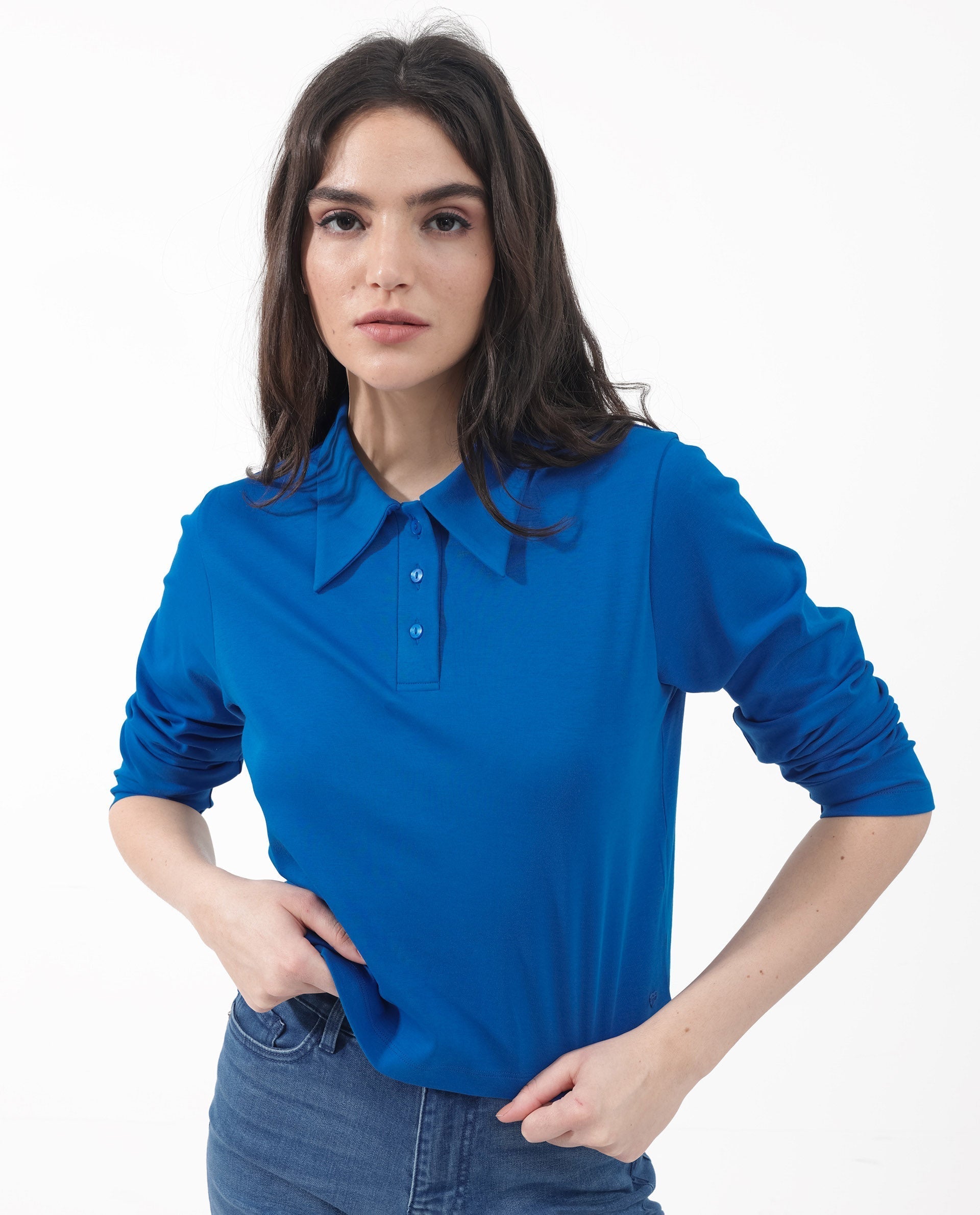 Rareism Women Gojo Blue Cotton Fabric Full Sleeve Collared Neck Button Closure Solid Regular Fit Top