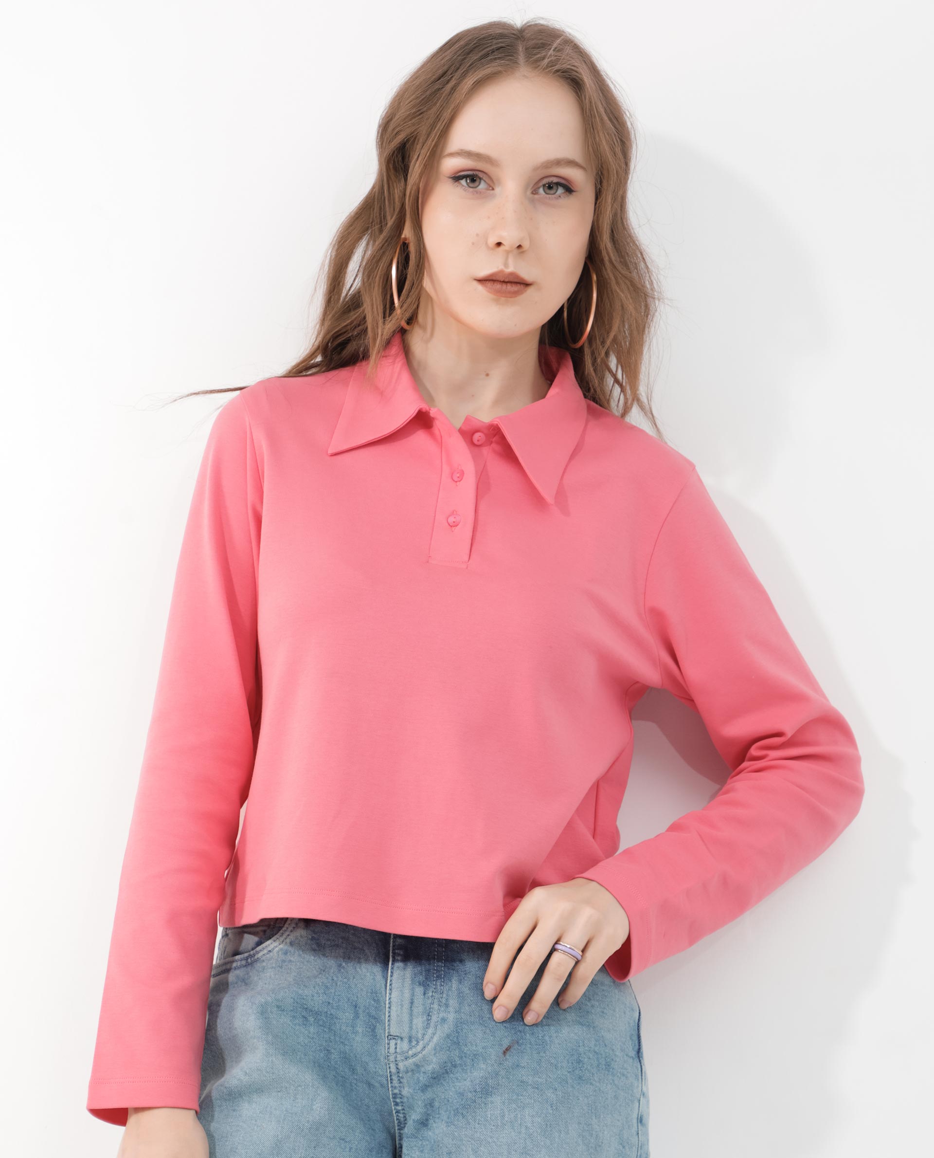 Rareism Women Gojo Peach Cotton Fabric Full Sleeve Collared Neck Button Closure Solid Regular Fit Top