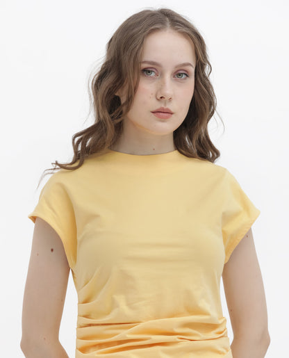 Rareism Women Granden Light Yellow Cotton Fabric Short Sleeves Zip Closure Round Neck Extended Sleeve Regular Fit Plain Top