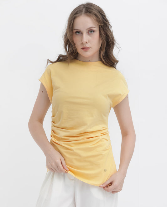 Rareism Women Granden Light Yellow Cotton Fabric Short Sleeves Zip Closure Round Neck Extended Sleeve Regular Fit Plain Top