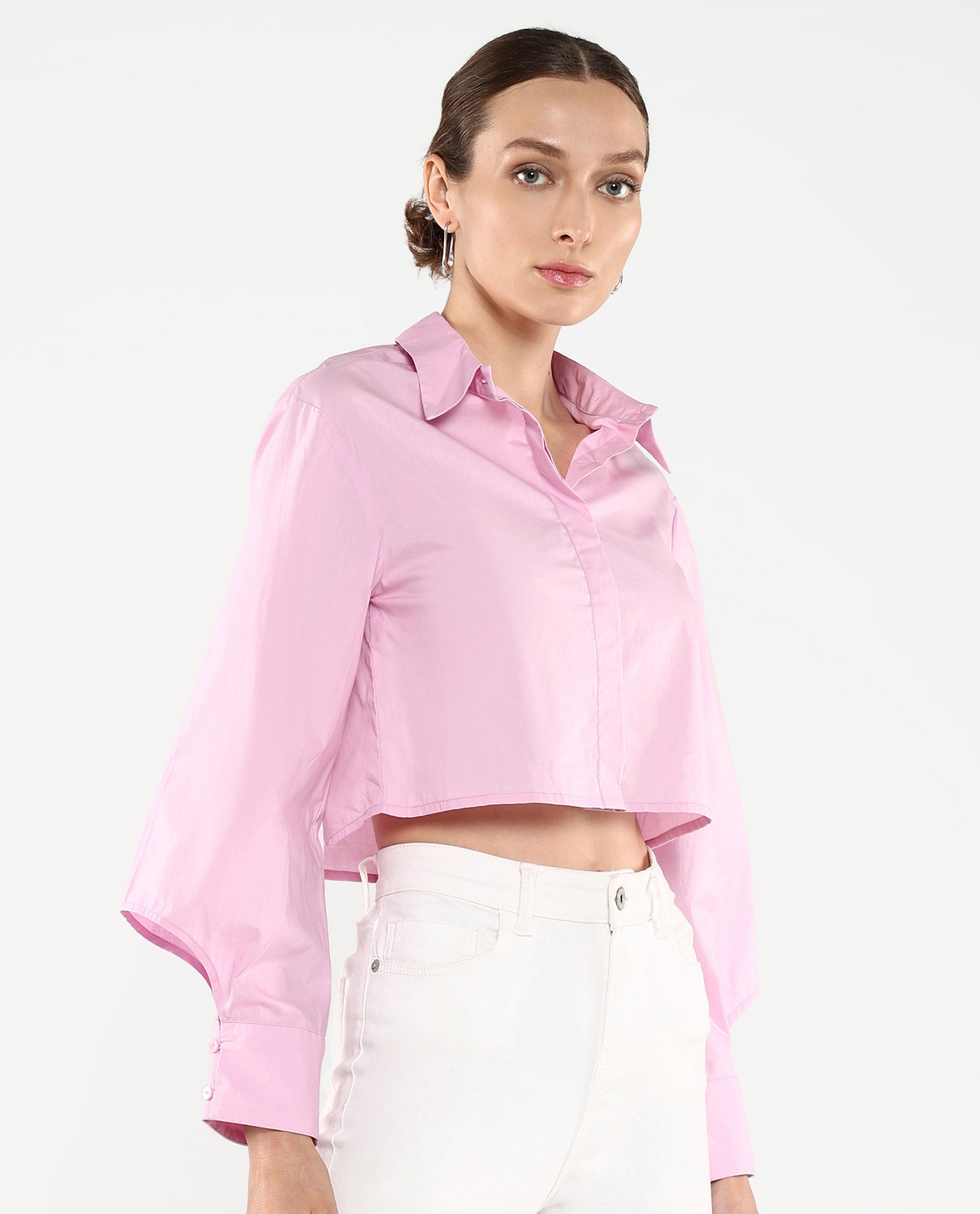 Rareism Women Grieropo Pink Fashion Sleeve Collared Neck Plain Top