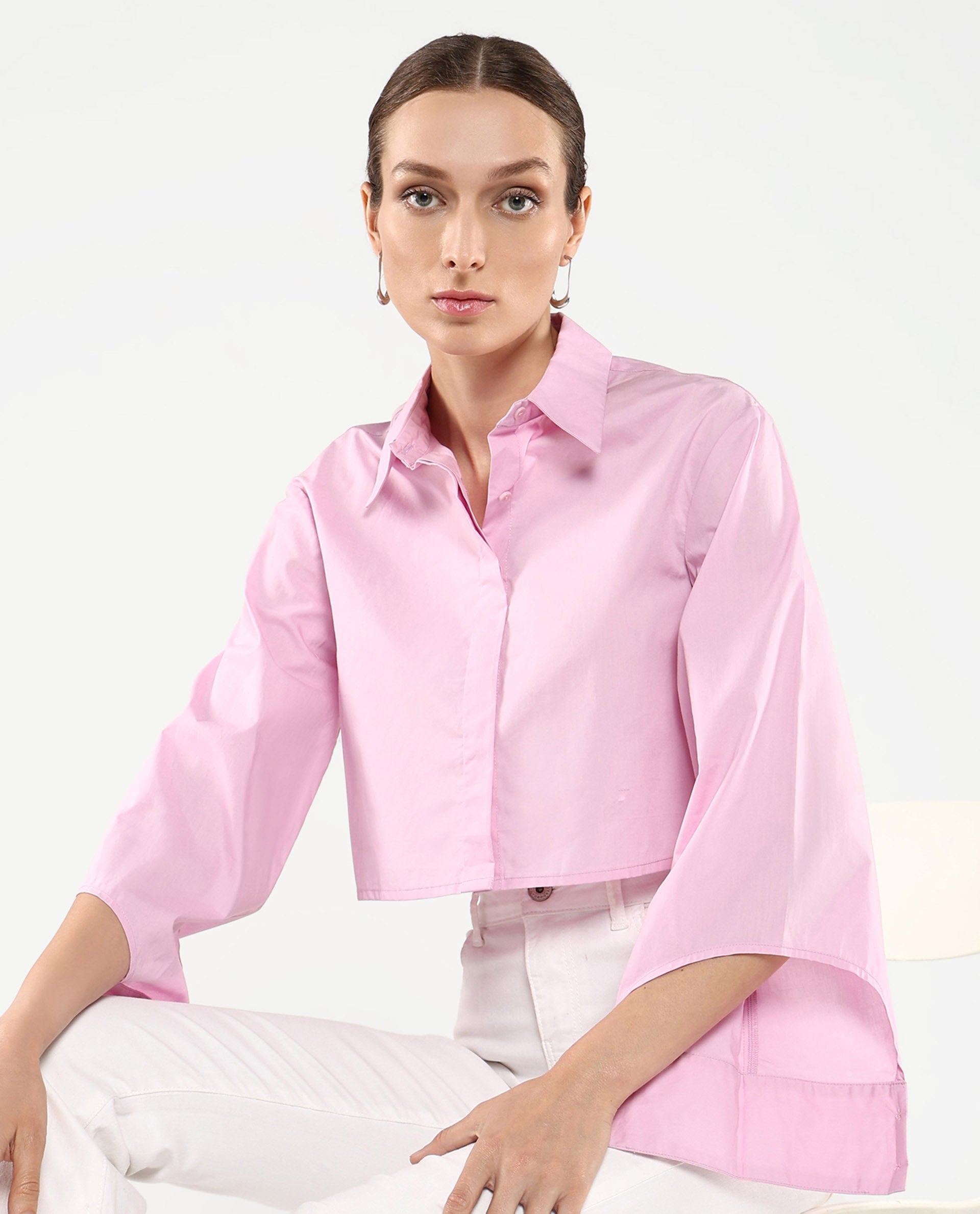 Rareism Women Grieropo Pink Fashion Sleeve Collared Neck Plain Top