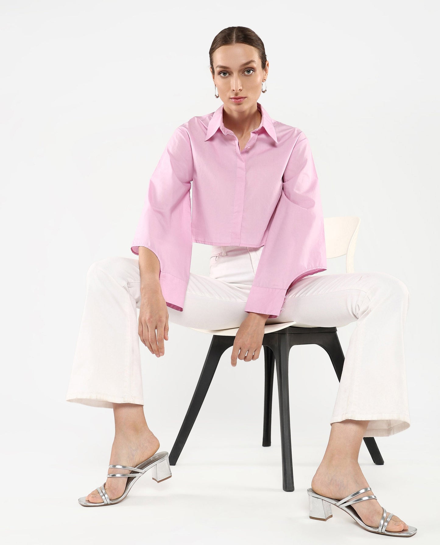 Rareism Women Grieropo Pink Fashion Sleeve Collared Neck Plain Top