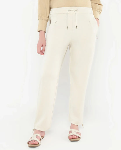 Rareism Women Gumushane Off White Modal Lycra Fabric Straight Fit Ankle Length Plain Track Pant