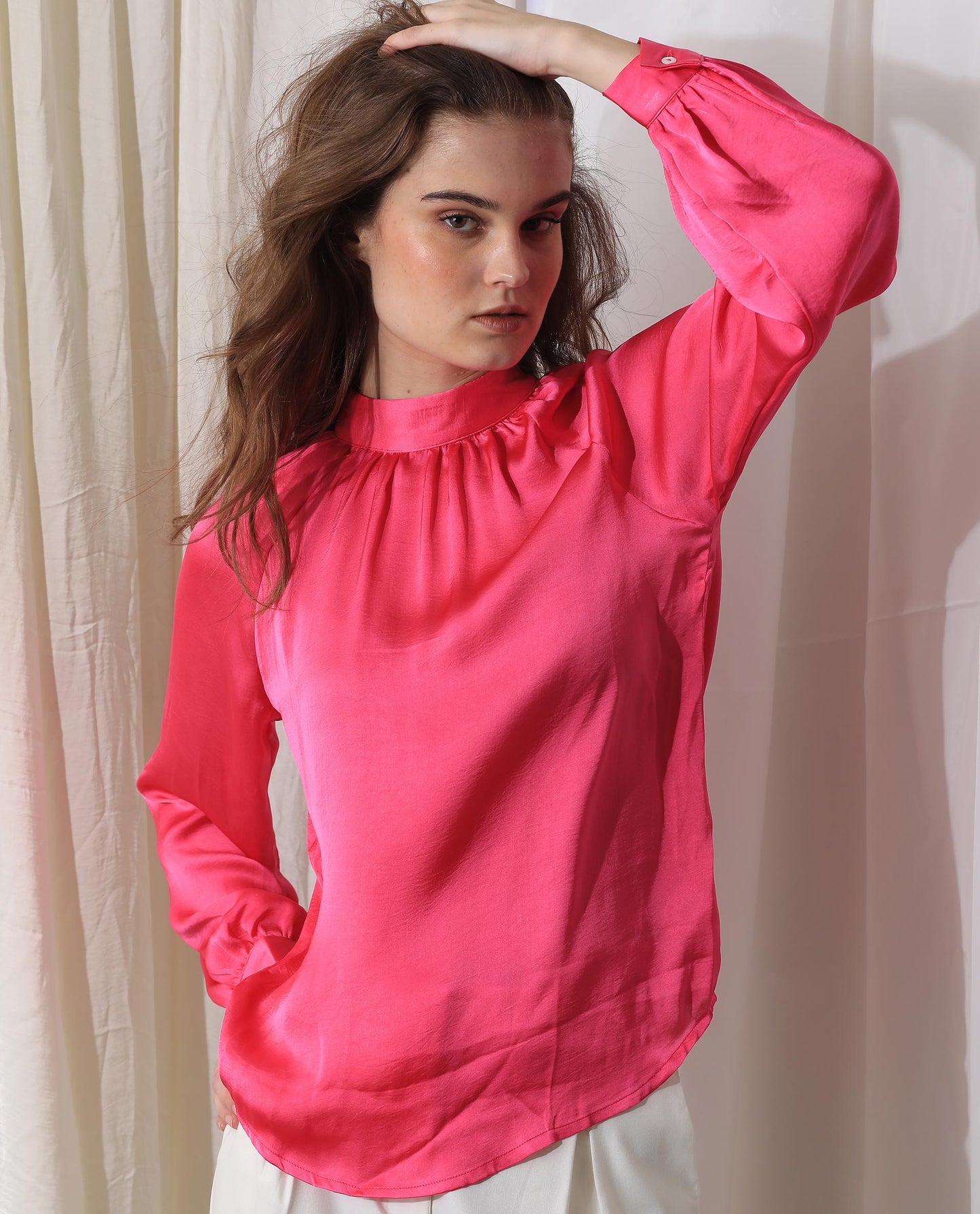 Rareism Women Kaylinn Fluorescent Pink Polyester Fabric Full Sleeves Button Closure High Neck Volume Sleeve Relaxed Fit Plain Top