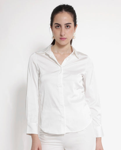 Rareism Women Haipe White Cuffed Sleeve Regular Collar Plain Shirt