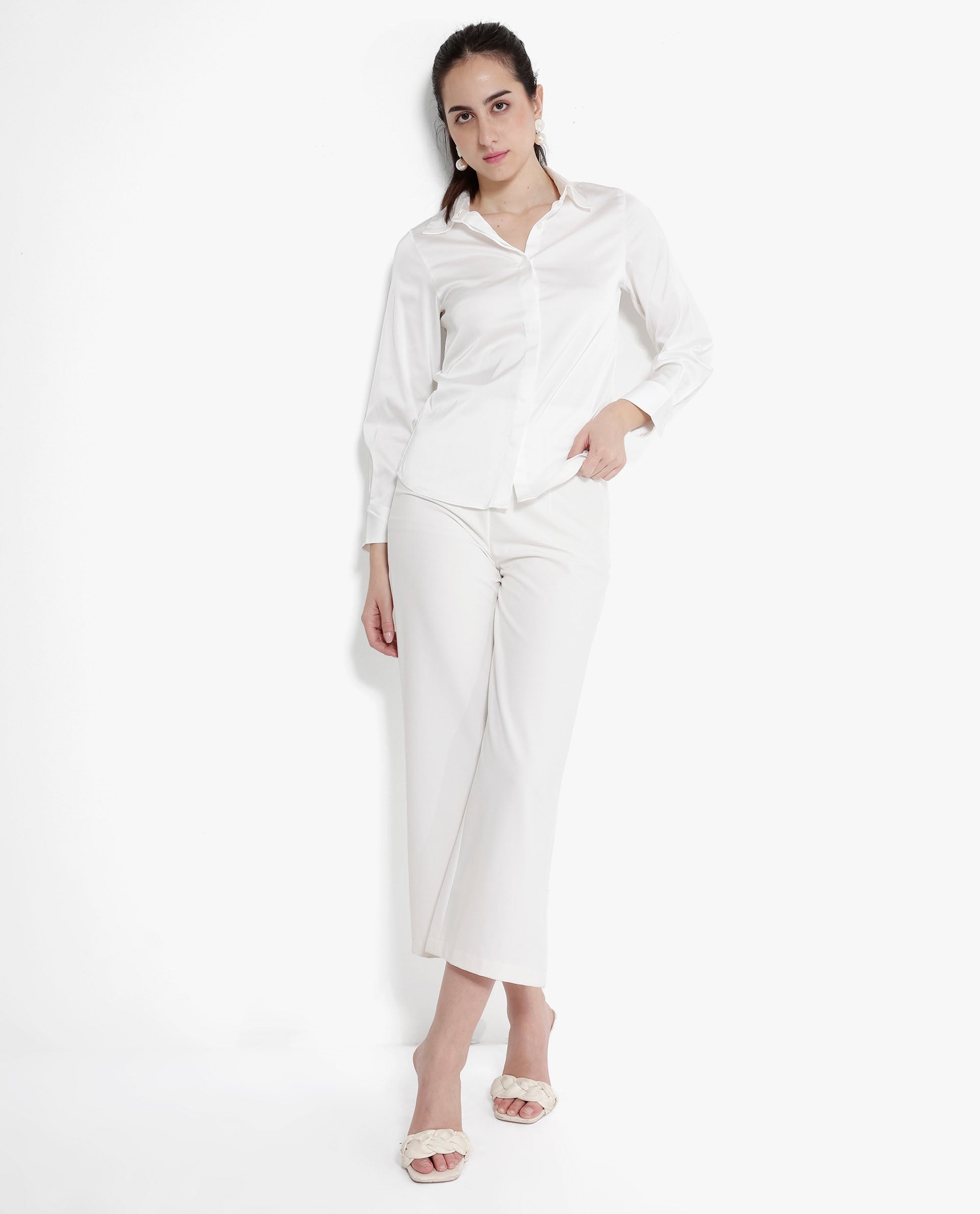 Rareism Women Haipe White Cuffed Sleeve Regular Collar Plain Shirt