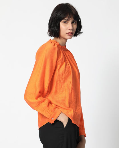 Rareism Women Harof Dark Orange Poly Viscose Fabric Full Sleeves High Neck Balloon Sleeve Regular Fit Plain Top