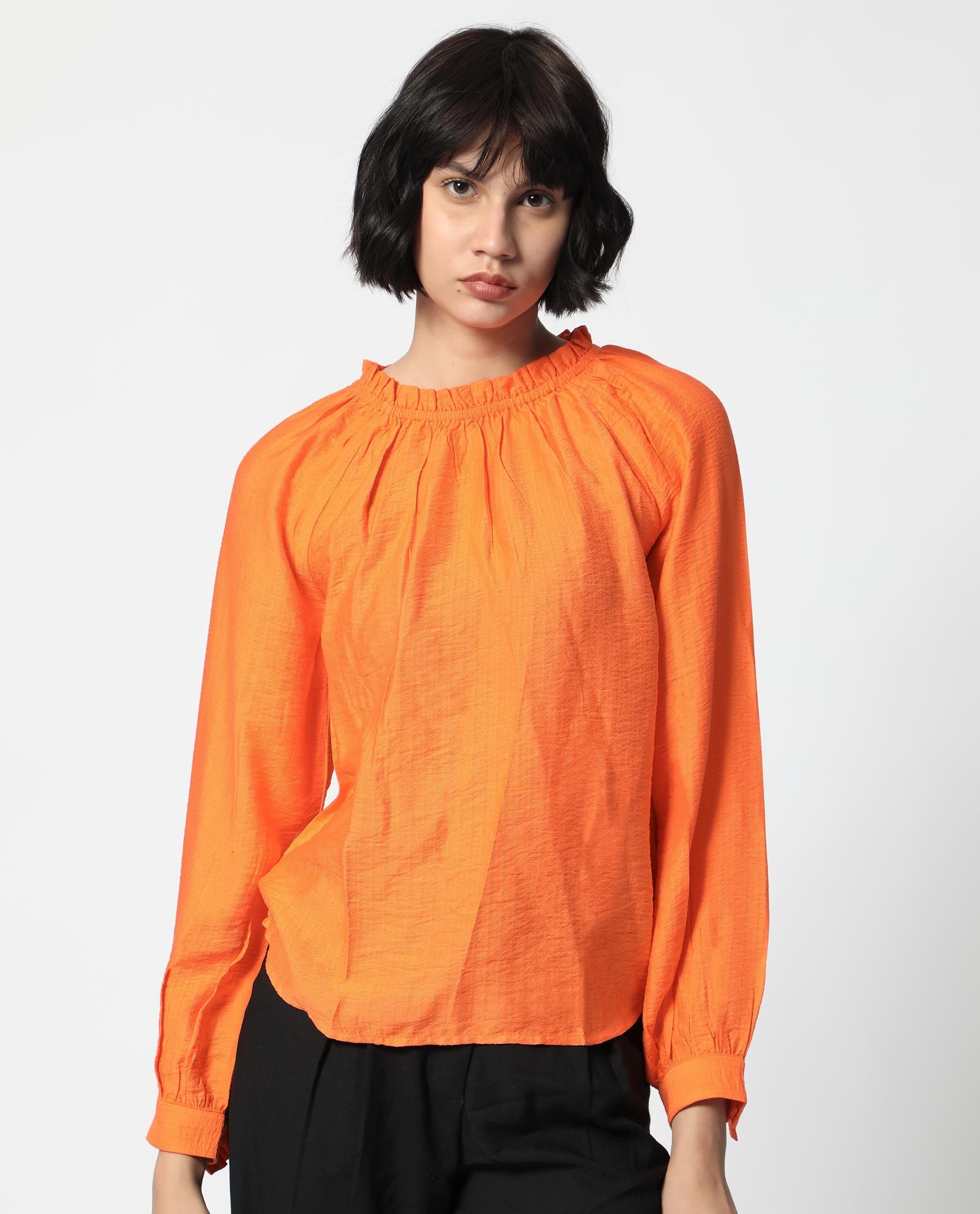 Rareism Women Harof Dark Orange Poly Viscose Fabric Full Sleeves High Neck Balloon Sleeve Regular Fit Plain Top