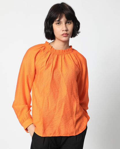 Rareism Women Harof Dark Orange Poly Viscose Fabric Full Sleeves High Neck Balloon Sleeve Regular Fit Plain Top