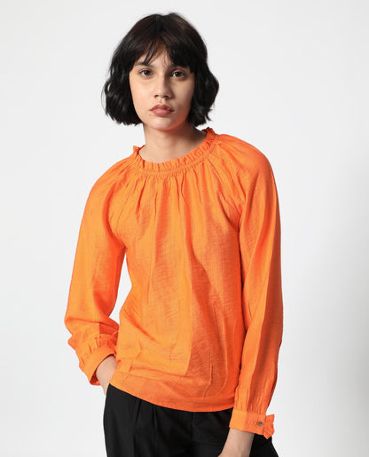 Rareism Women Harof Dark Orange Poly Viscose Fabric Full Sleeves High Neck Balloon Sleeve Regular Fit Plain Top