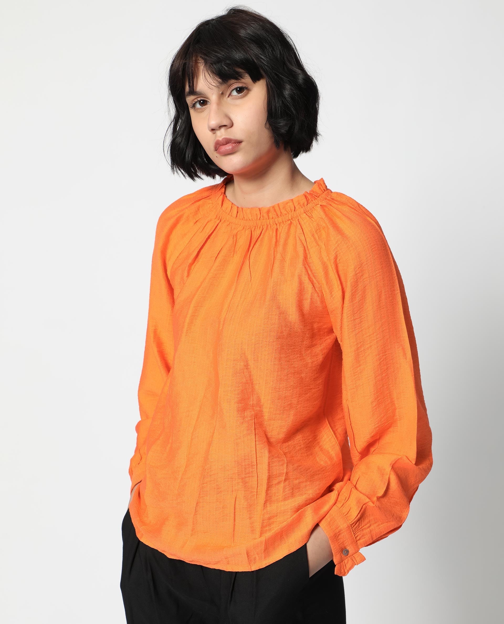 Rareism Women Harof Dark Orange Poly Viscose Fabric Full Sleeves High Neck Balloon Sleeve Regular Fit Plain Top