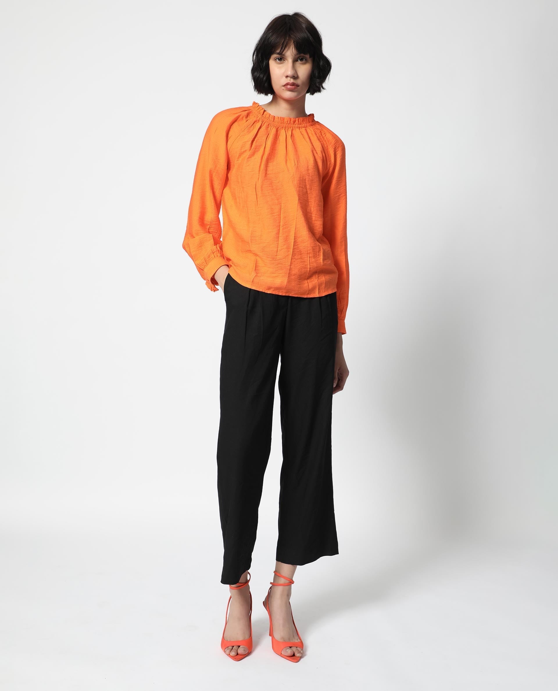 Rareism Women Harof Dark Orange Poly Viscose Fabric Full Sleeves High Neck Balloon Sleeve Regular Fit Plain Top